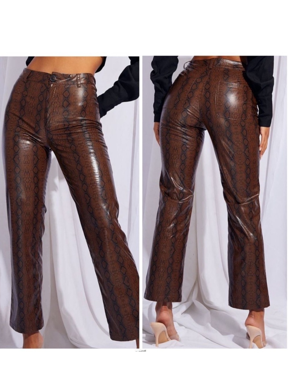 PrettyLittleThing Brown Snake print high waisted faux leather cropped pant Size8